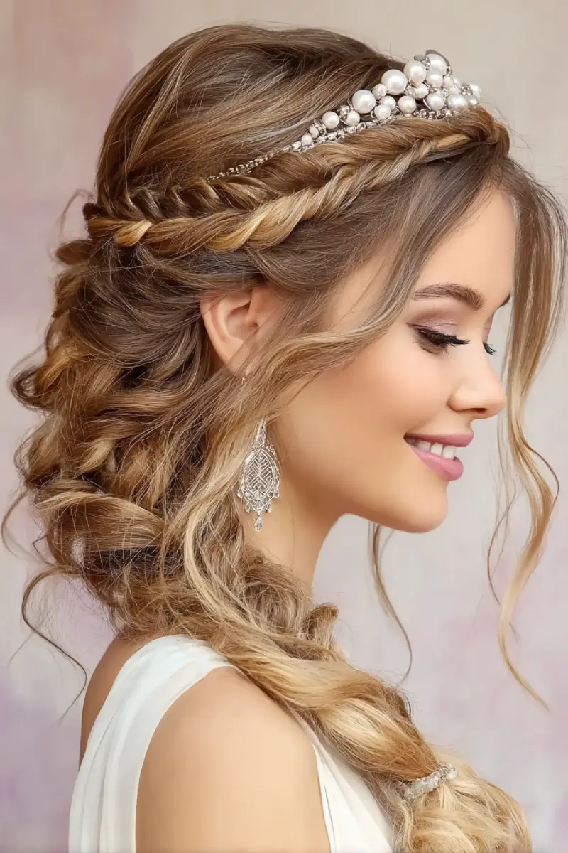 #13. Braided Half-Updo with Pearl Tiara and Loose Curls