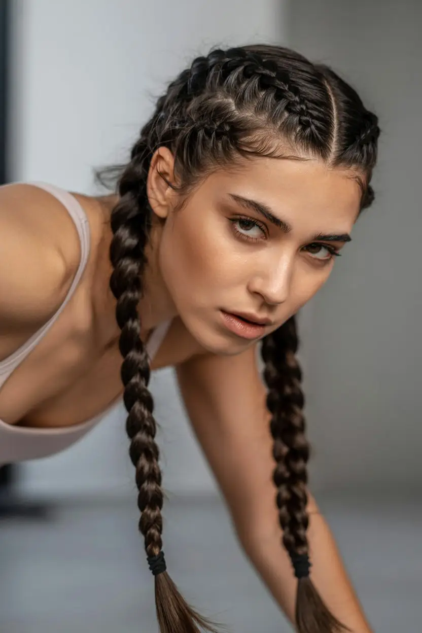 18 Relaxed Yoga Hairstyles: Low-Maintenance Styles with a Calm and Comfy Vibe 14 #13. Double Dutch Braids for Intense Flow