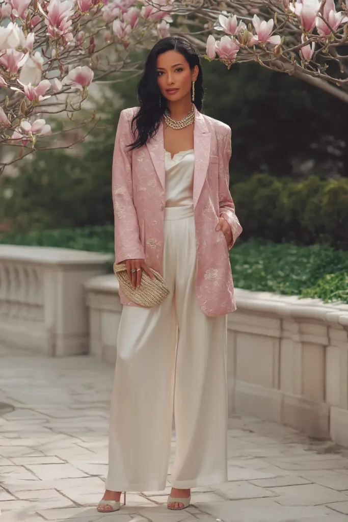 #13. Embroidered Pink Oversized Blazer with Satin Camisole and Wide-Leg Pants