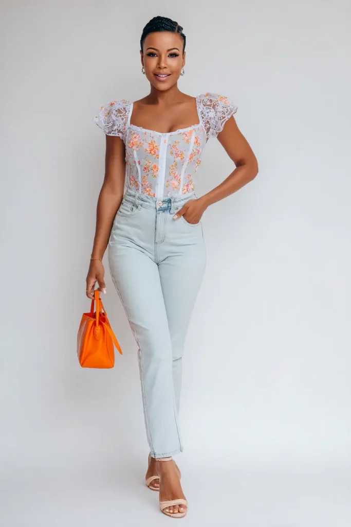 #13. Floral Lace Corset Top with Light Wash Denim and Bold Accessories