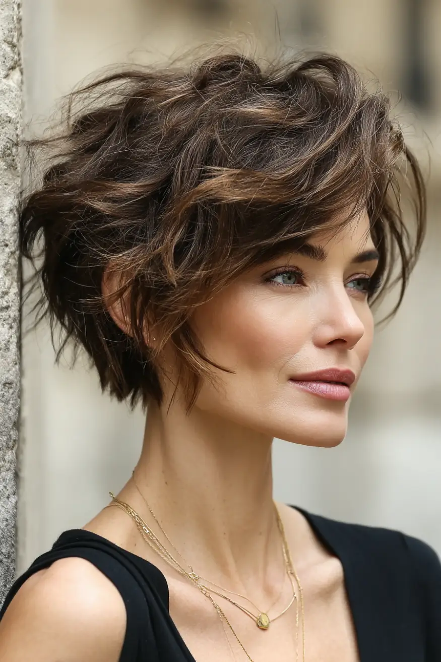 21 Chic Short Layered Hairstyles: Modern Cuts for a Fresh, Youthful Vibe 14 #13. Layered Brunette Pixie-Bob with Windswept Texture