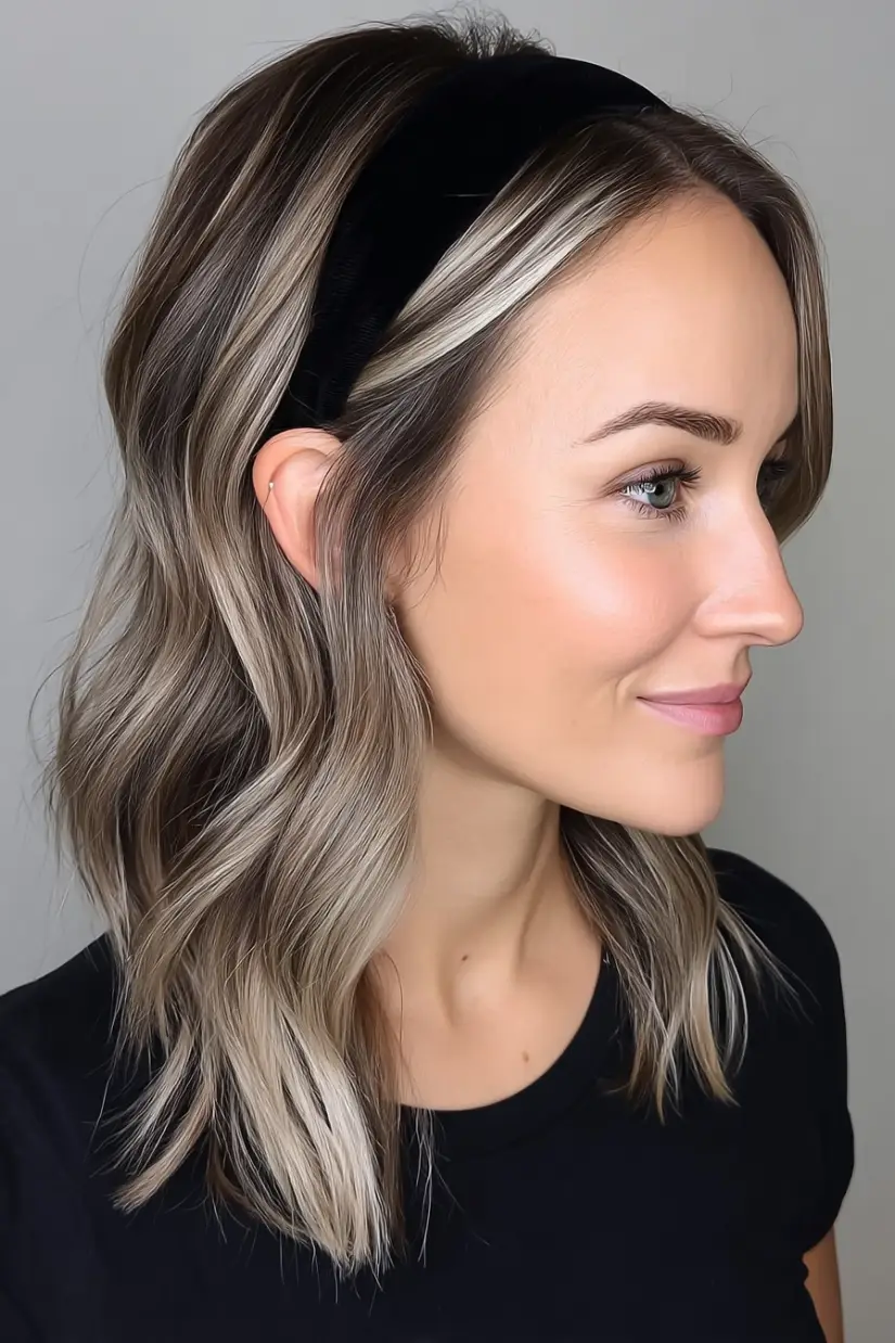 24 Striking Brown Hair with Silver Highlights Ideas: Sophisticated Looks to Refresh Your Style 14 #13. Mushroom Brown Lob with Silver Ribbons and Headband Accent