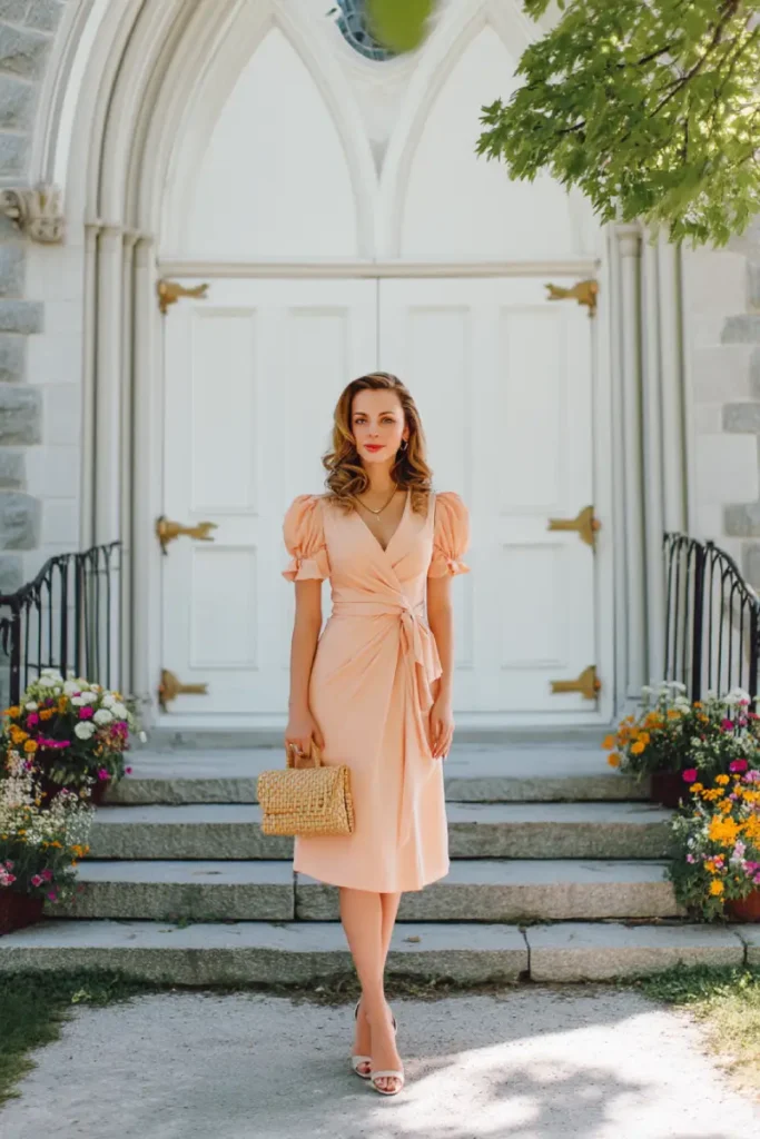 20 Graceful Church Outfit Ideas: Chic and Respectful Styles to Inspire 14 #13. Peach Wrap Midi with Puff Sleeves – Radiant Poise for Summer Church Gatherings