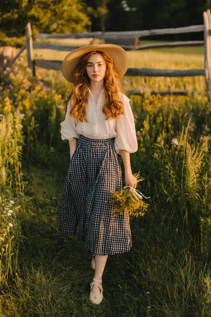 #13. Puffed-Sleeve Blouse with Gingham Midi Skirt and Straw Hat