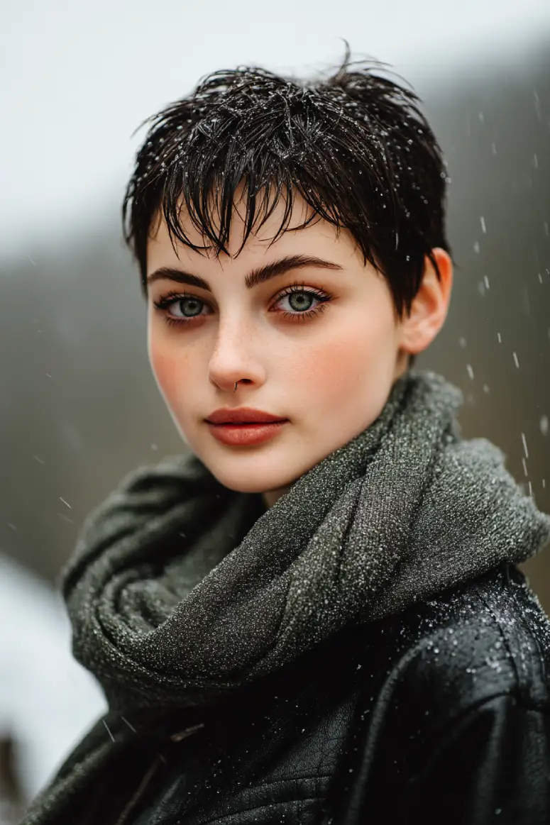 21 Sleek Rainy-Day Hairstyles: Easy Ways to Tame the Frizz 14 #13. Rain-Slicked Pixie with Textured Fringe
