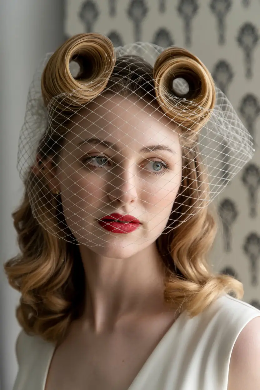 15 Ethereal Wedding Hairstyles With Veil: Soft and Stunning Bridal Inspirations 14 #13. Retro Victory Rolls with Cage Veil
