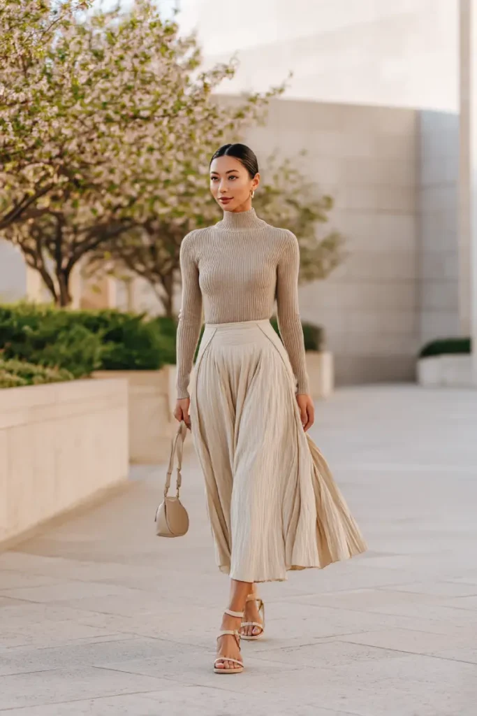 #13. Ribbed Taupe Top with Flowing Pleated Skirt and Strappy Sandals