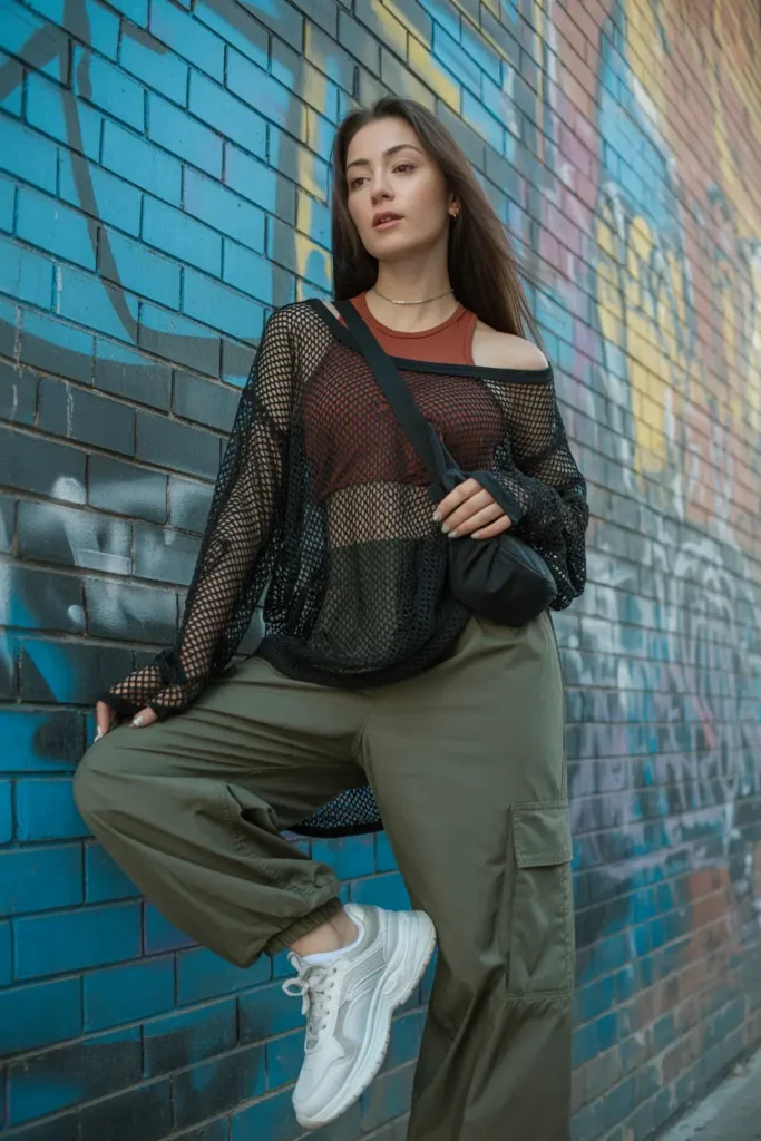 #13. Sheer Mesh Top with a Sports Bra & Cargo Pants