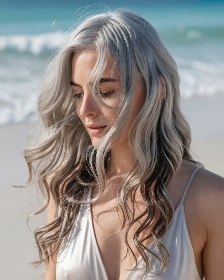 20 Timeless Salt & Pepper Hairstyles: Classic Styles with a Modern Twist 14 #13. Silver Beach Waves with Shadow Roots