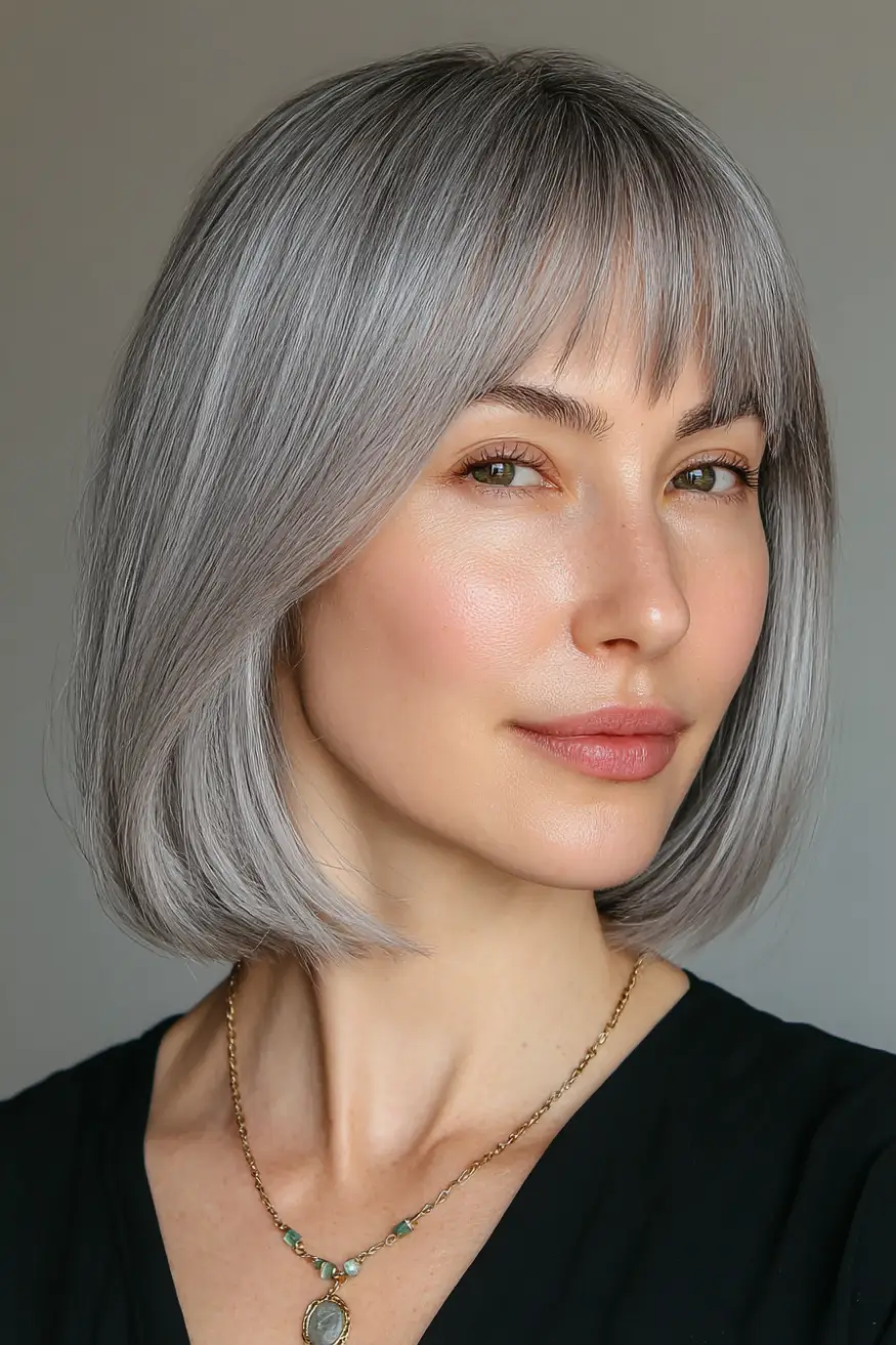 #13. Sleek Silver Bob with Baby Bangs