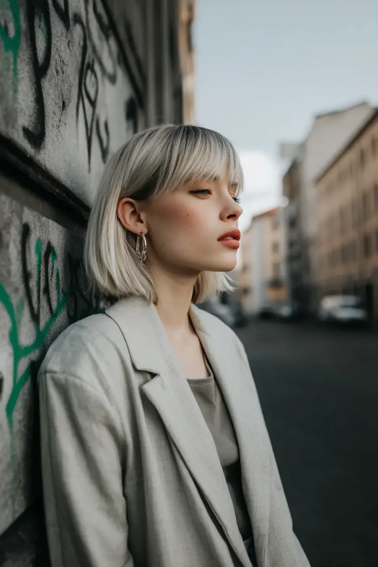 22 Bold Platinum Blonde Bob Hairstyles: Fresh and Fierce Ideas for a Standout Look 14 #13. Street Chic Blunt Bob with Full Fringe