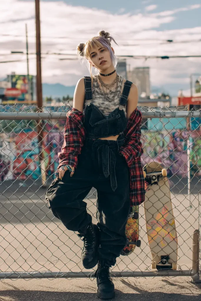 #13. Tie-Dye Crop Tank with Oversized Overalls and Flannel Layer
