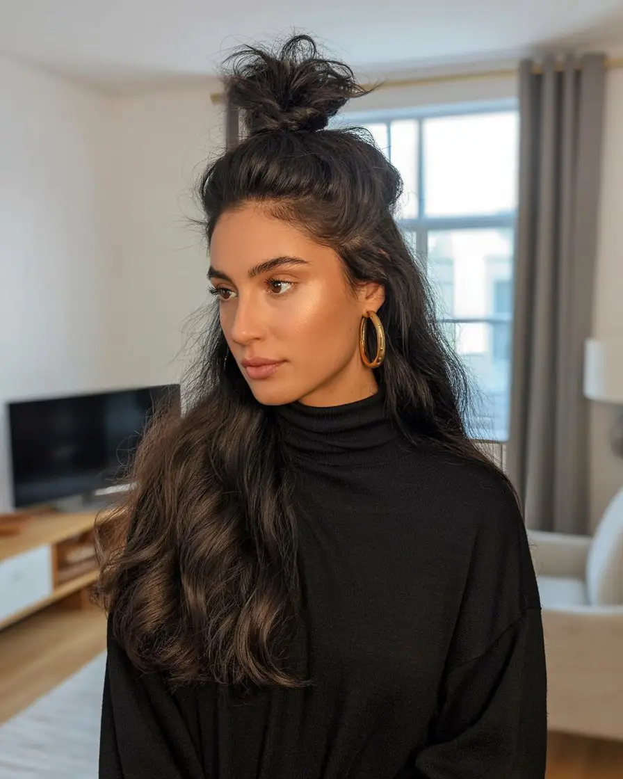 #13. Voluminous Top Knot: Height That Balances Width