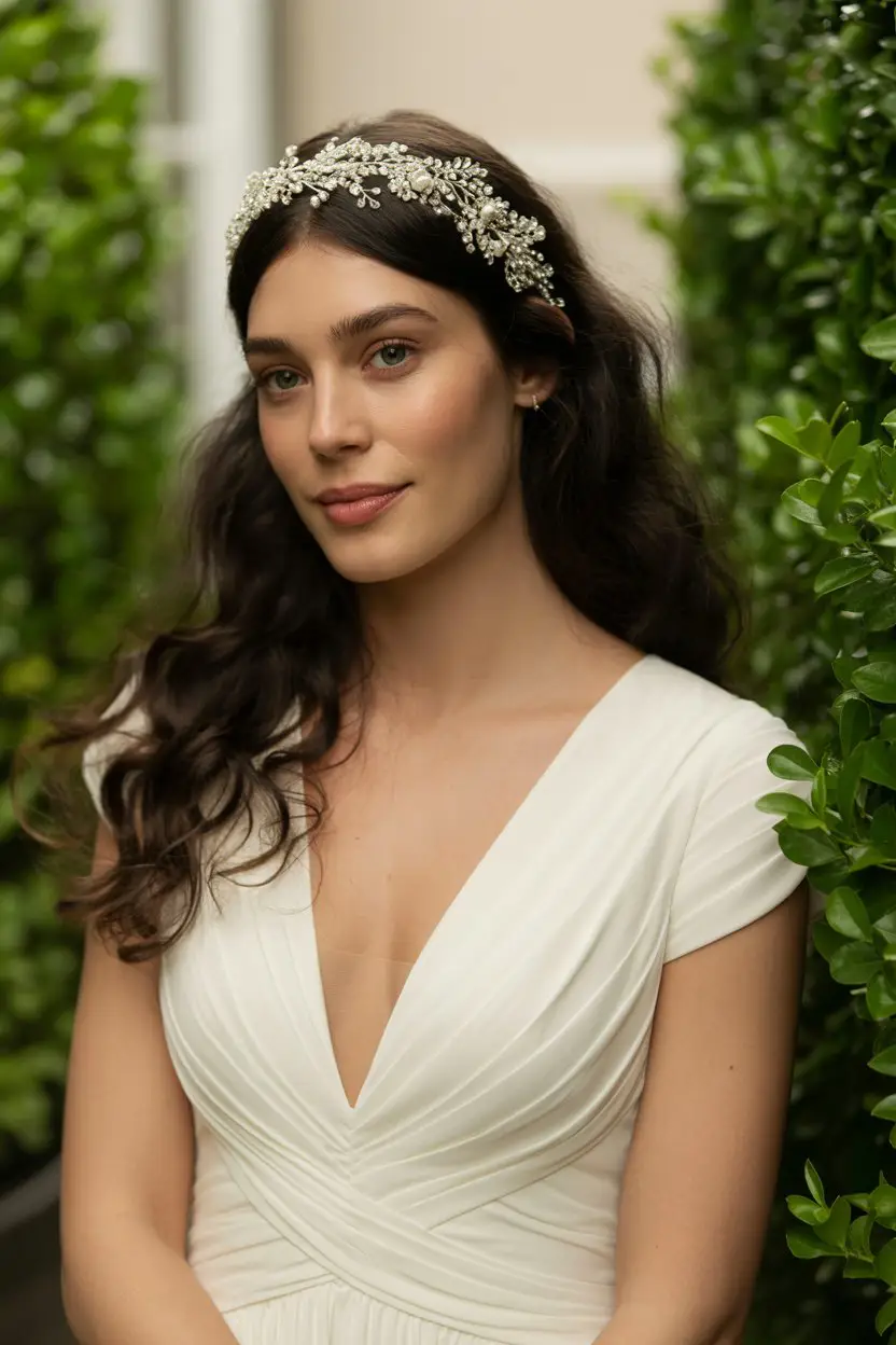 16 Graceful Wedding Hairstyles For Long Hairs: Picture-Ready Styles for Long Locks 14 #13. Wavy Tresses with Crystal Vine Headband