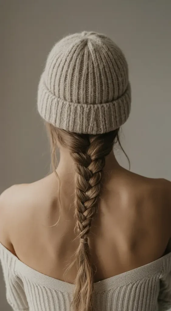 20 Chic Beanie Hairstyles: Fashionable Pairings for Cold-Weather Days 15 #14. Back-Braided Simplicity with Cozy Knit Beanie