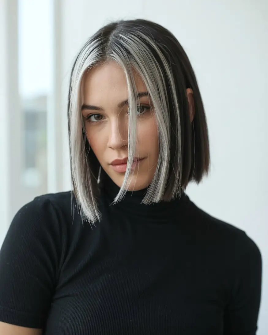 20 Timeless Salt & Pepper Hairstyles: Classic Styles with a Modern Twist 15 #14. Blunt Cut with Peekaboo Silver Highlights