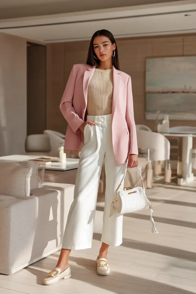 20 Preppy Outfit Ideas for a Polished Travel Wardrobe 15 #14. Blush Blazer and White Trousers – Executive Prep with Polished Femininity