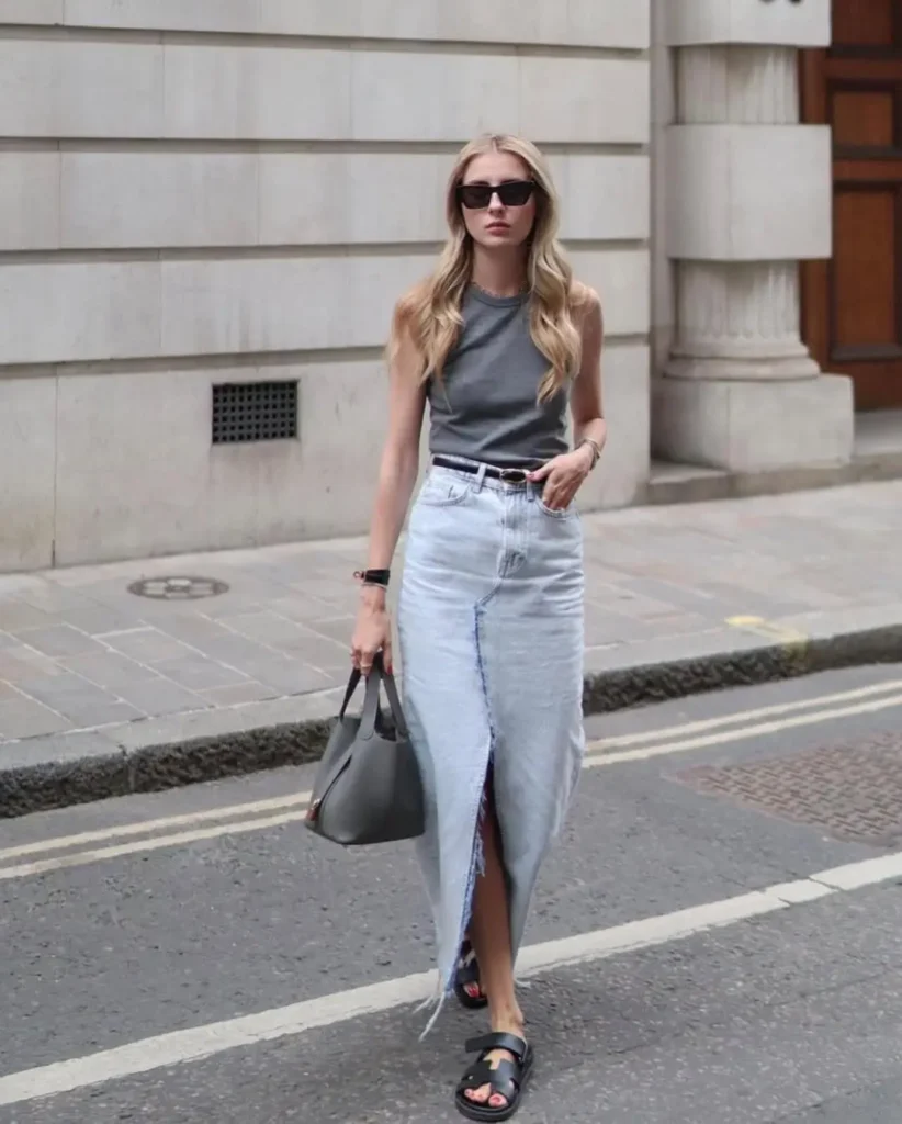 #14. Charcoal Tank Top with Raw Hem Denim Skirt and Black Sandals
