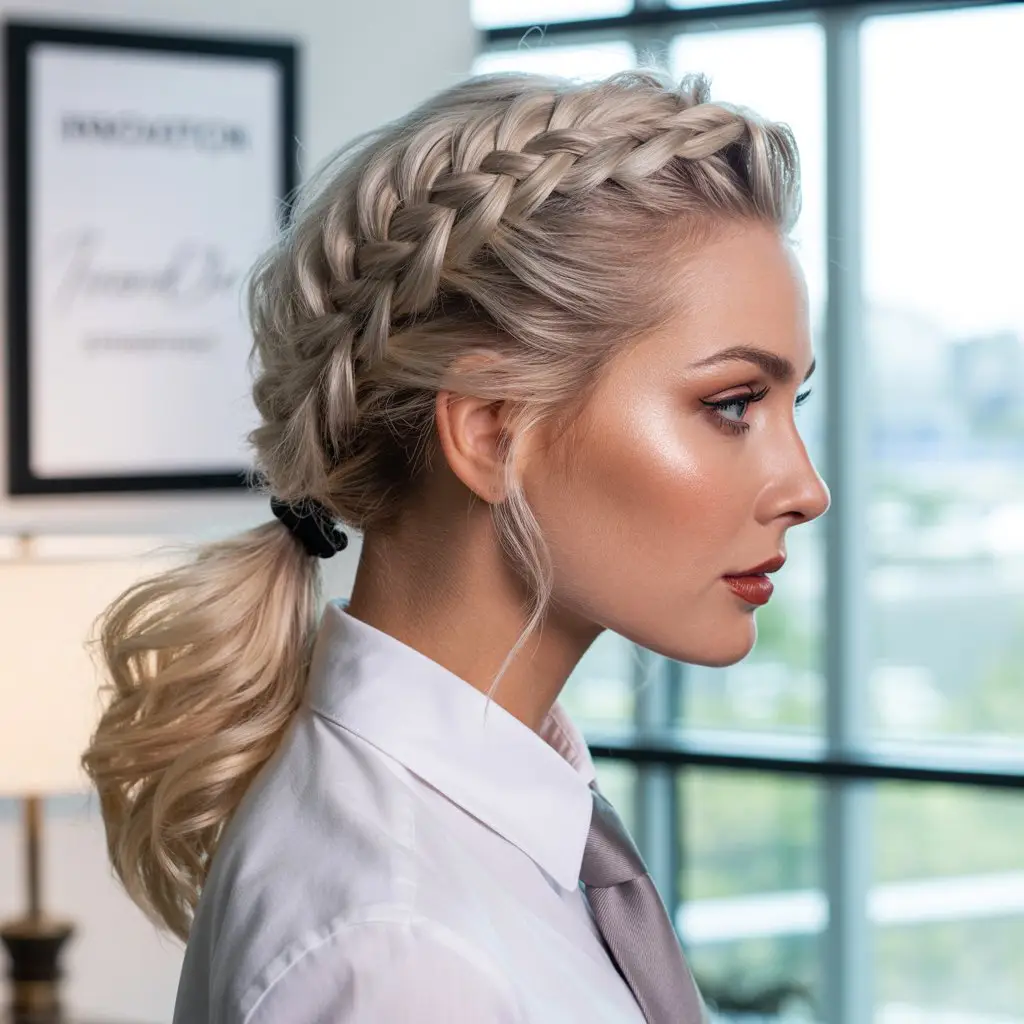19 Polished Office Hairstyles: Sleek Looks That Mean Business 15 #14. Crown Braid with Loose Ponytail