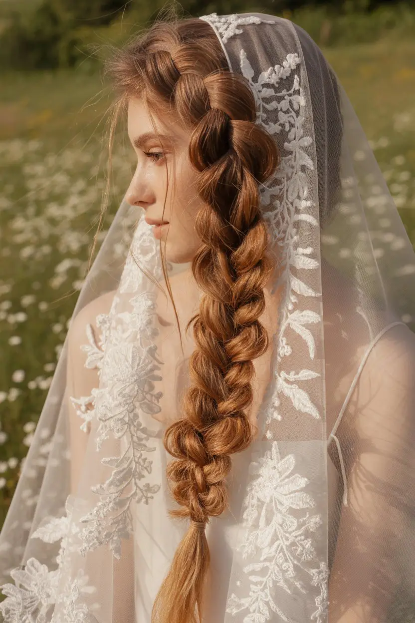 15 Ethereal Wedding Hairstyles With Veil: Soft and Stunning Bridal Inspirations 15 #14. Fairy-Tale Fishtail Braid with Cathedral-Length Illusion Veil