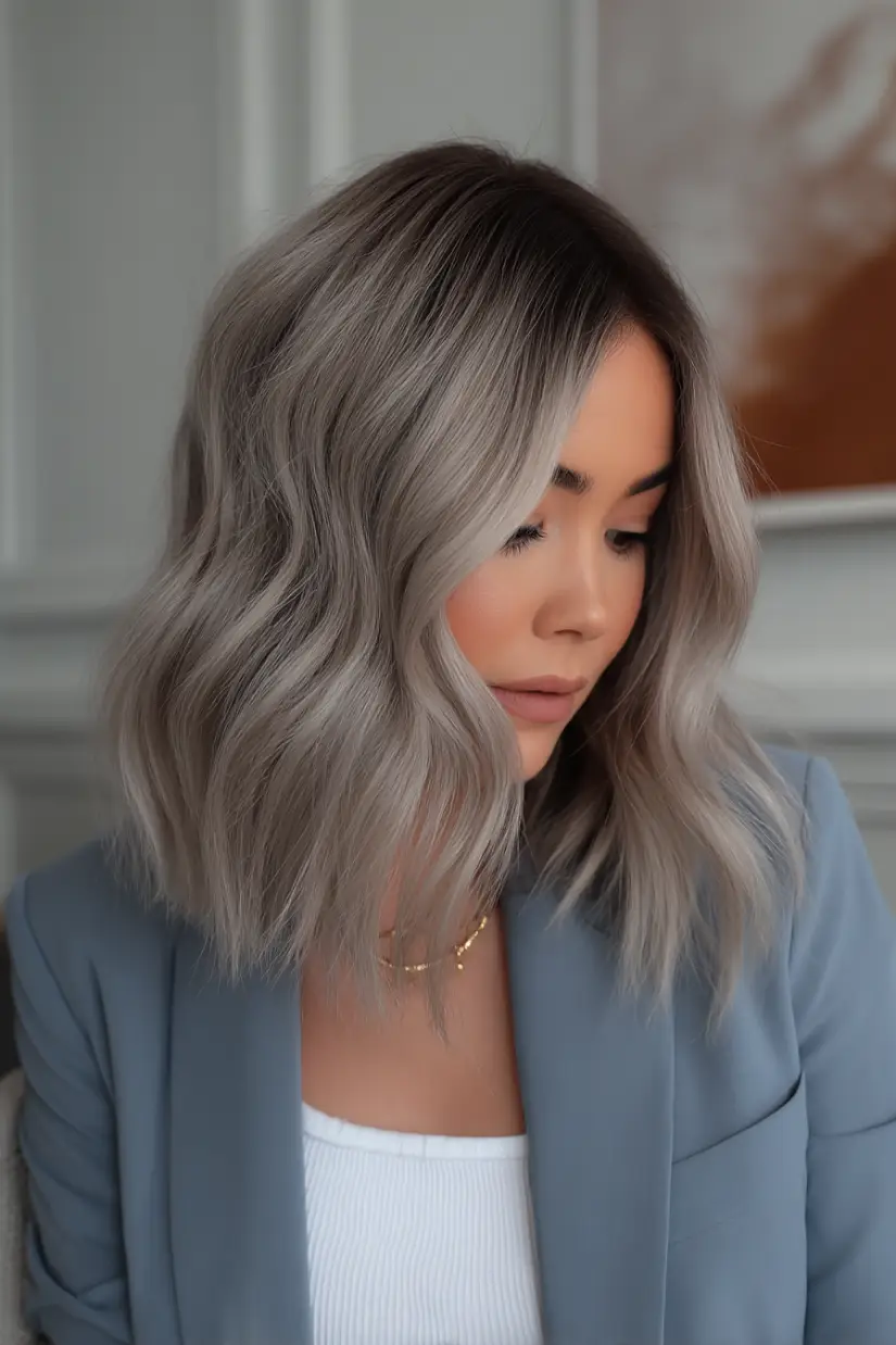 24 Striking Brown Hair with Silver Highlights Ideas: Sophisticated Looks to Refresh Your Style 15 #14. Icy Silver Lob with Smoky Brown Shadow Root