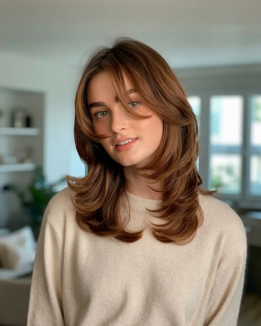 #14. Layered Mid-Length Cut with Side-Swept Fringe