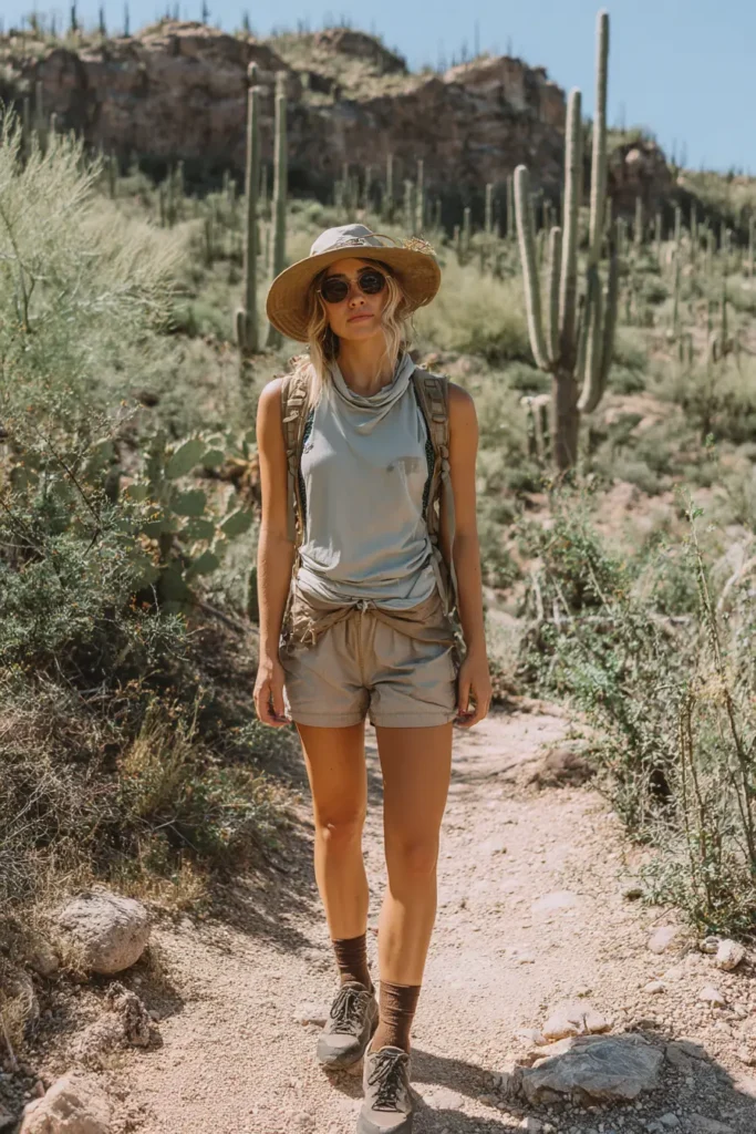 #14. Lightweight Drape Tank with Sand-Colored Shorts and Sun Hat