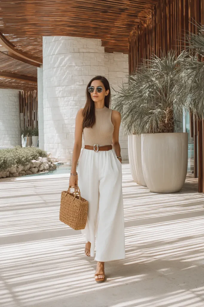 #14. Neutral Ribbed Tank with White Wide-Leg Pants and Straw Tote