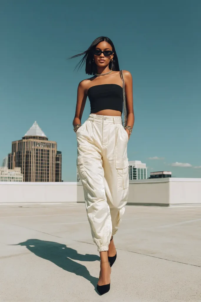 #14. One-Shoulder Tube Top with Satin Joggers and Pointed Heels