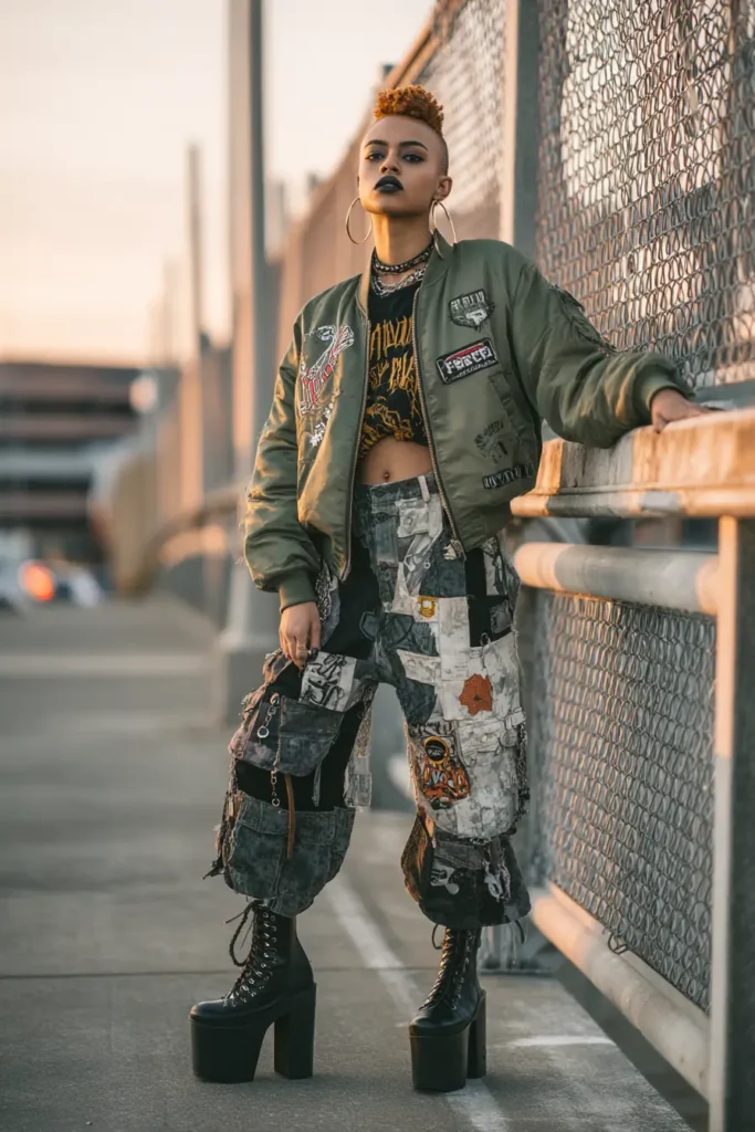 #14. Patchwork Cargo Pants with Cropped Graphic Tee and Bomber Jacket
