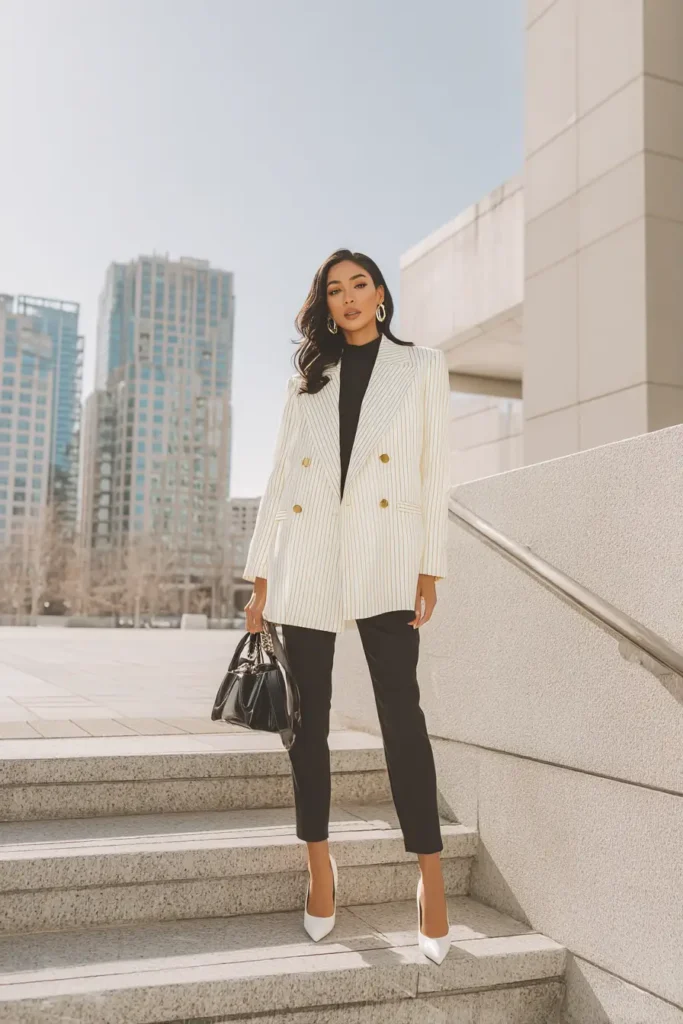 #14. Pinstriped Oversized Blazer with Black Turtleneck and Tapered Pants