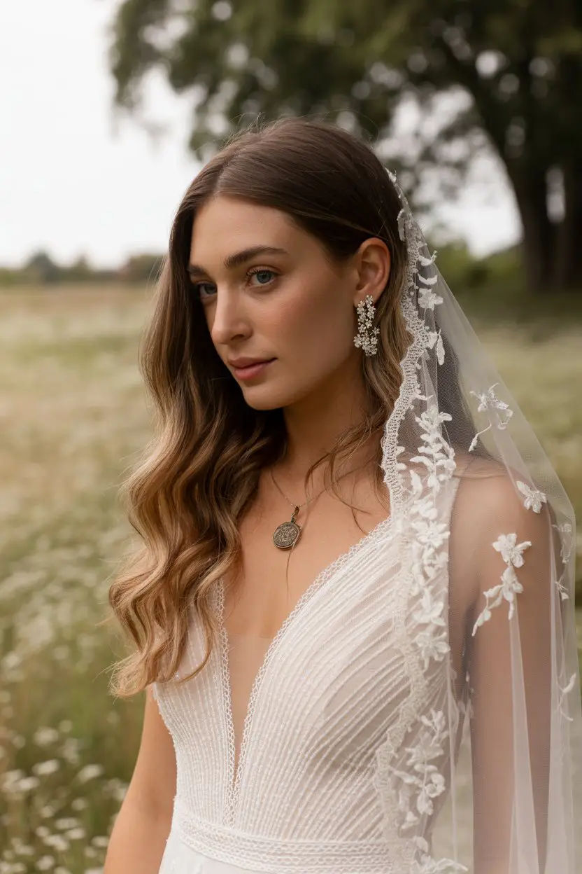 16 Graceful Wedding Hairstyles For Long Hairs: Picture-Ready Styles for Long Locks 15 #14. Soft Waves with Embroidered Veil