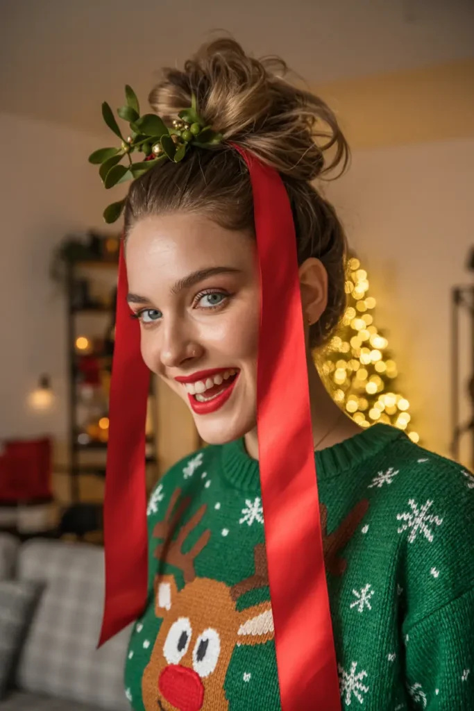 15 Festive Christmas Tree Hairstyles Ideas: Fun & Creative Holiday Looks 15 #14. The Mistletoe Messy Bun