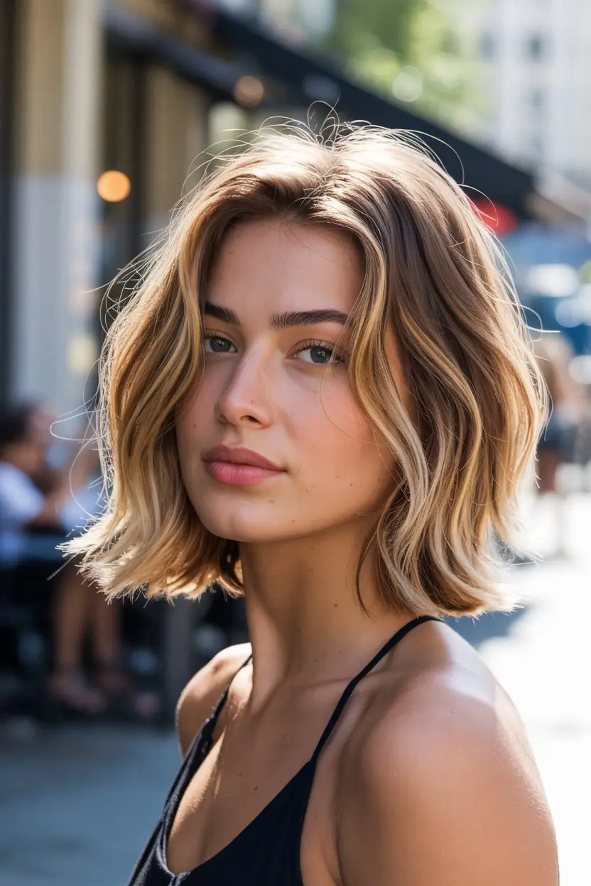 #14. Tousled Lob with Money Pieces