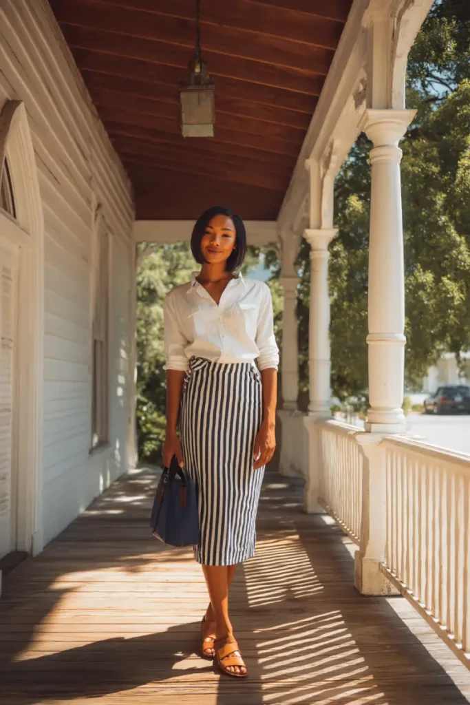 20 Graceful Church Outfit Ideas: Chic and Respectful Styles to Inspire 15 #14. White Button-Up with Striped Midi Skirt – Modern Simplicity with Coastal Charm