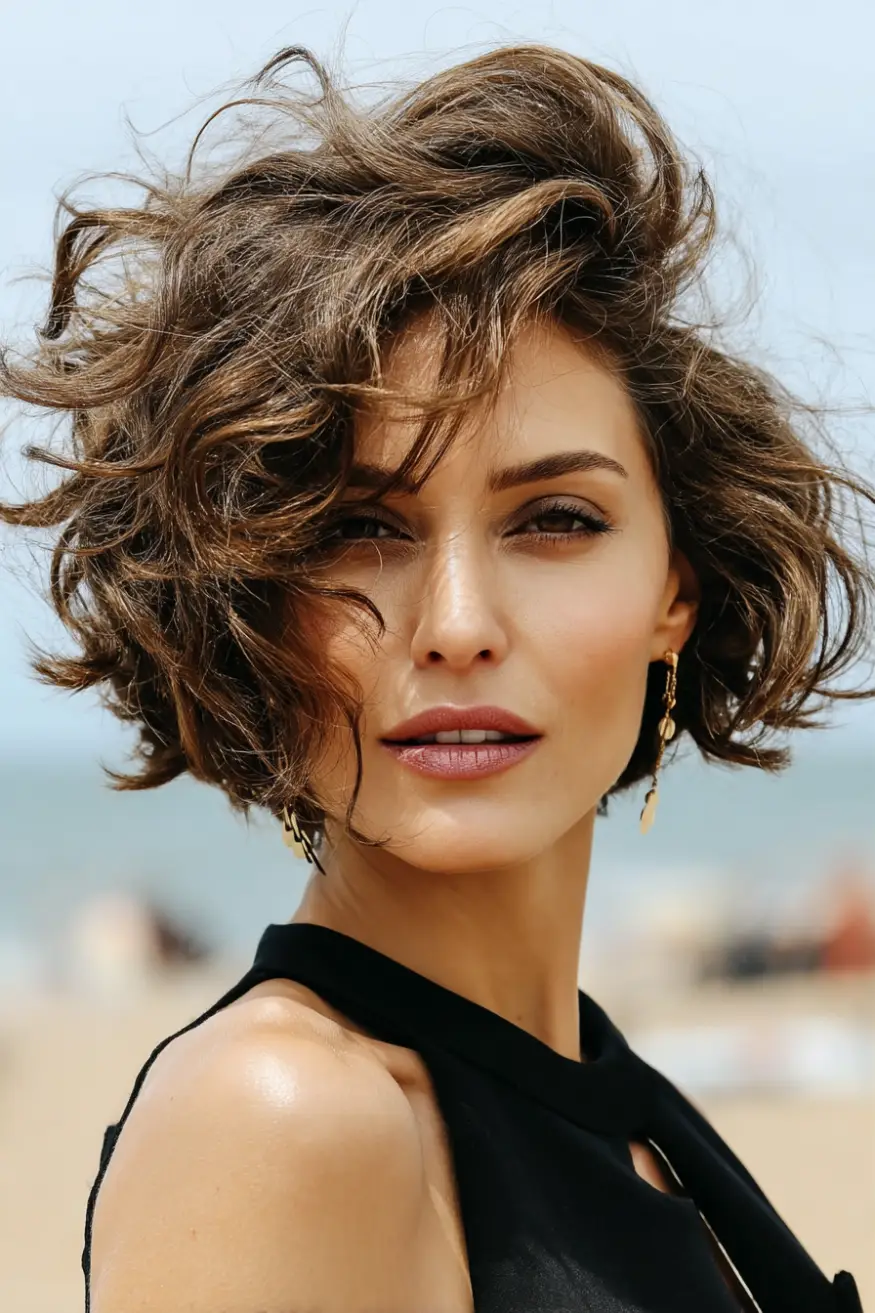 21 Chic Short Layered Hairstyles: Modern Cuts for a Fresh, Youthful Vibe 16 #14. Windblown Curly Bob with Sunlit Highlights