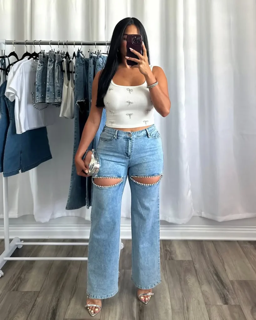 #15. Beaded Cutout Jeans with Bow-Detail Tank and Metallic Heels