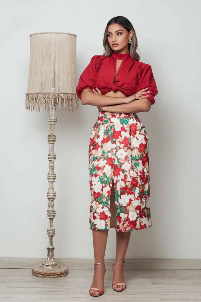 #15. Bold Red Tie-Front Top with Floral Midi Skirt and Heels