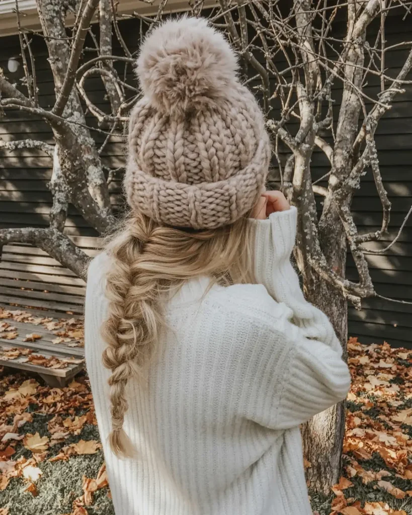 20 Chic Beanie Hairstyles: Fashionable Pairings for Cold-Weather Days 16 #15. Chunky Pom-Pom Beanie with Loose Fall Braid