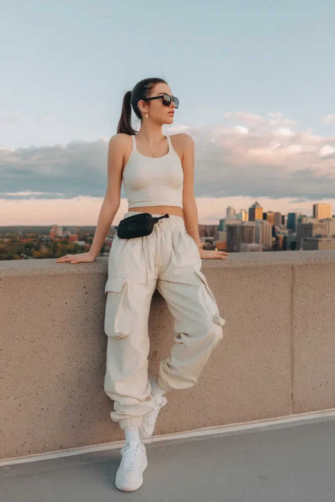 #15. Cream Cargo Joggers with Fitted Crop Tank and Waist Pack
