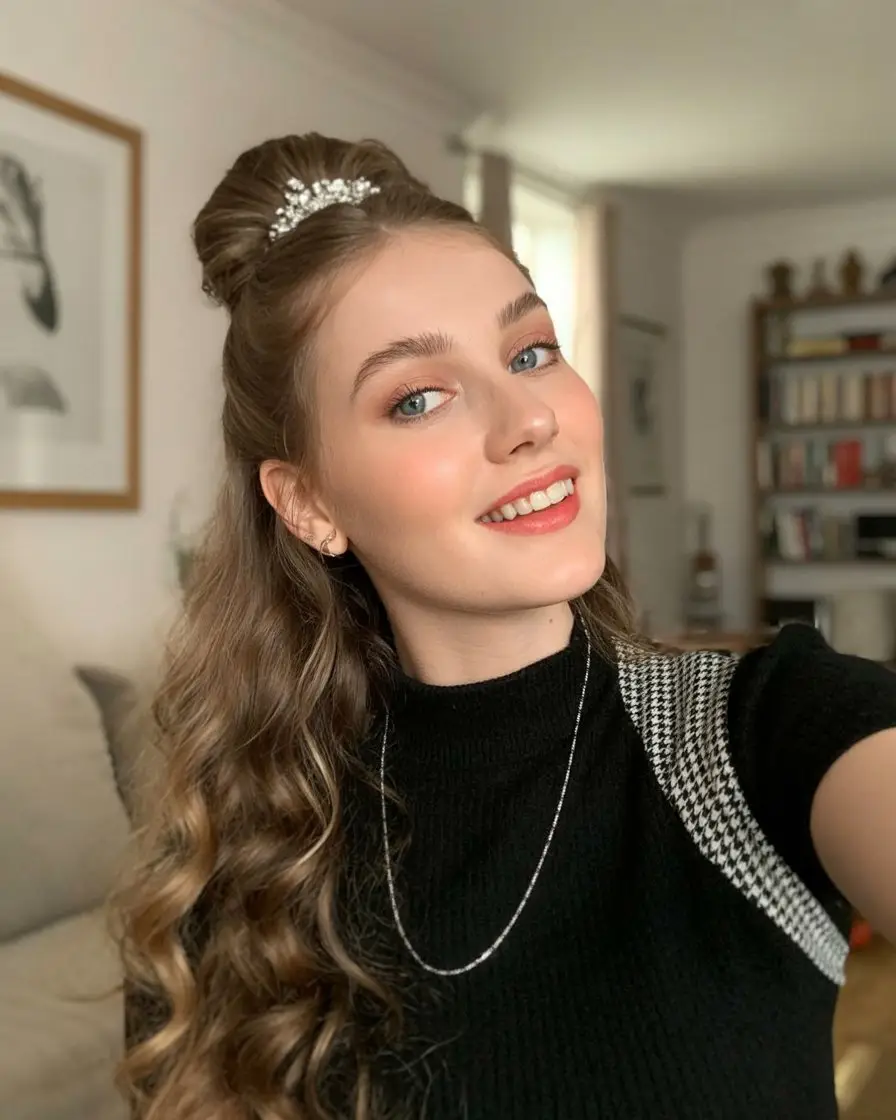 18 Relaxed Yoga Hairstyles: Low-Maintenance Styles with a Calm and Comfy Vibe 16 #15. Curly Half-Up Bouffant with Crystal Clip