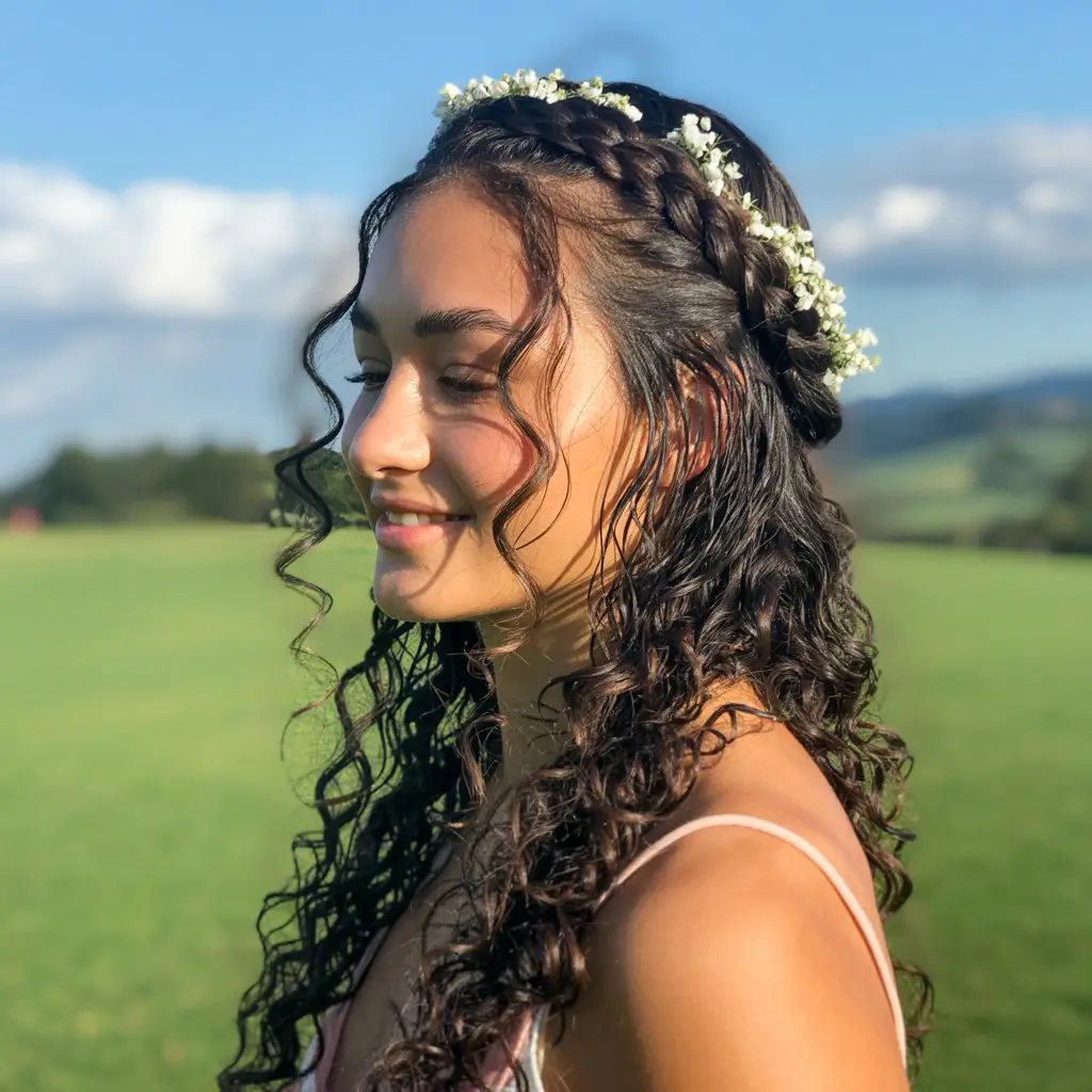 17 Sporty Curly Lacrosse Hairstyles: Game-Ready Looks with Flair 16 #15. Curly Half-Up Halo Braid