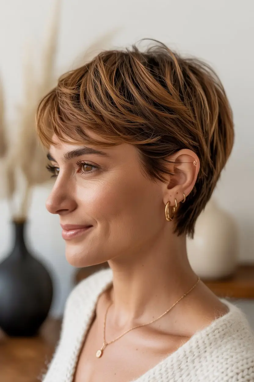 16 Time-Saving Wash And Go Hairstyles: Chic Solutions for Busy Mornings 16 #15. Feathered Brunette Pixie with Side Texture