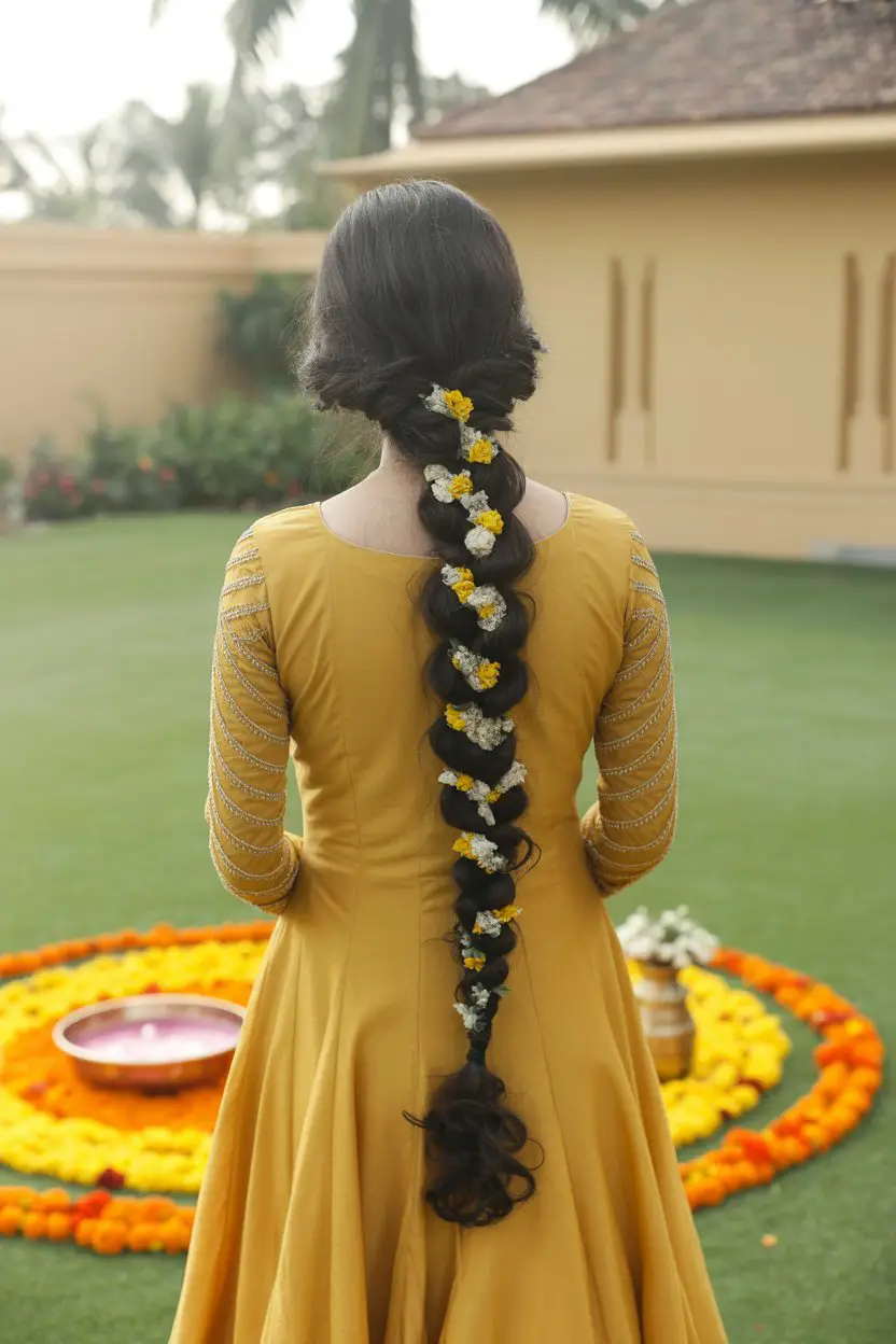 16 Graceful Wedding Hairstyles For Long Hairs: Picture-Ready Styles for Long Locks 16 #15. Floral Woven Braid with Marigold Charm