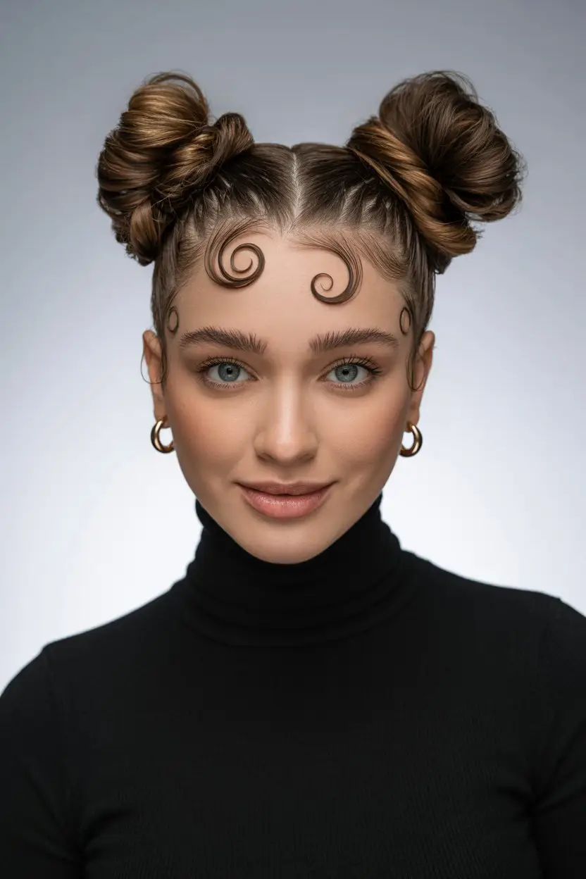 #15. High Space Buns with Baby Hairs Styled