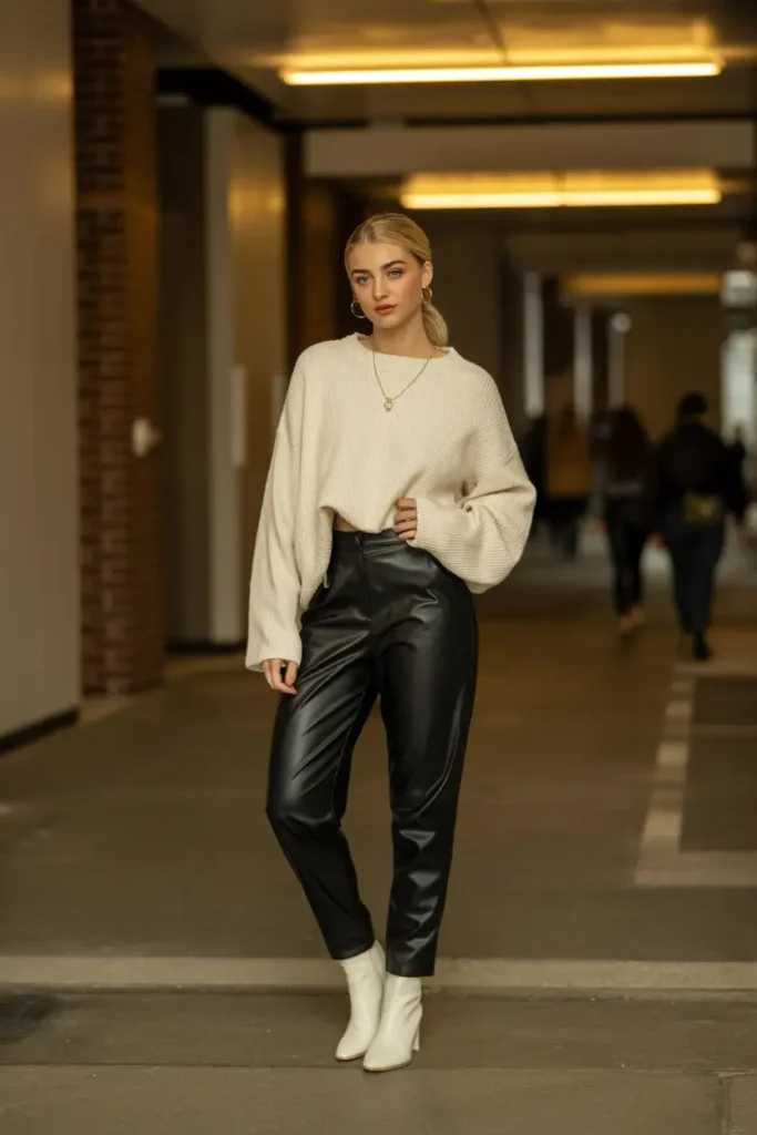 #15. Leather Pants with an Oversized Sweater (Night-Class Glam)