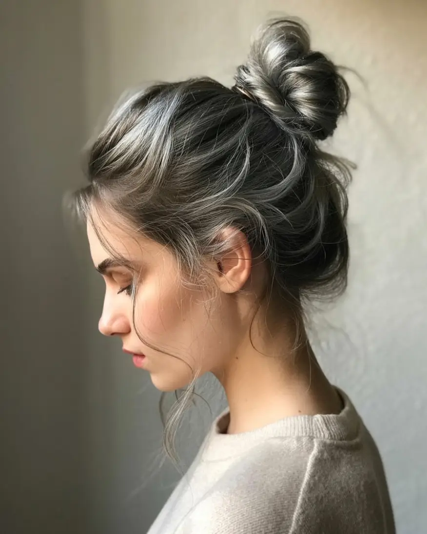 20 Timeless Salt & Pepper Hairstyles: Classic Styles with a Modern Twist 16 #15. Messy Gray Bun with Face-Framing Tendrils