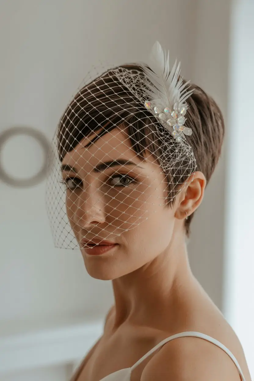 15 Ethereal Wedding Hairstyles With Veil: Soft and Stunning Bridal Inspirations 16 #15. Modern Pixie Cut with Fascinator Veil