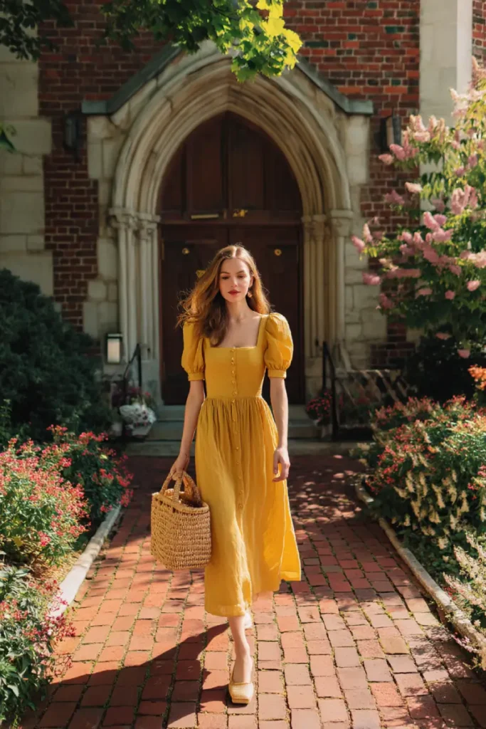 20 Graceful Church Outfit Ideas: Chic and Respectful Styles to Inspire 16 #15. Mustard Puff-Sleeve Button Dress – Sunshine Simplicity with Garden Service Grace