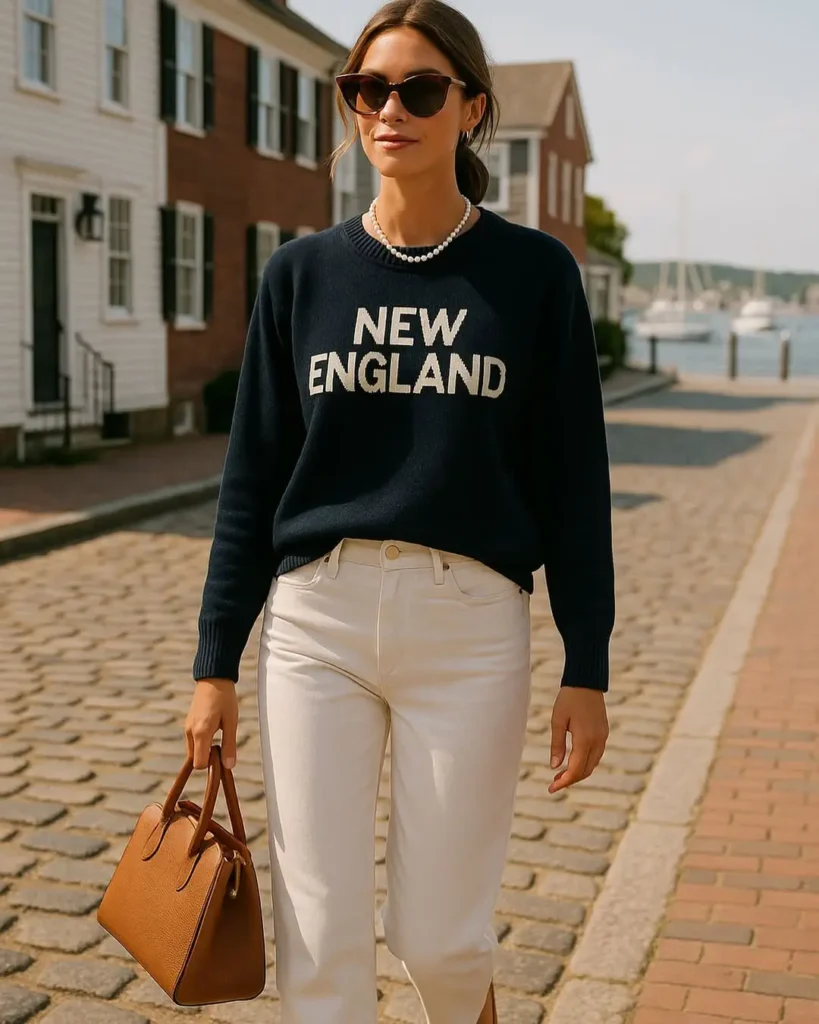 20 Preppy Outfit Ideas for a Polished Travel Wardrobe 16 #15. New England Sweater and Cream Denim – Coastal Prep with Ivy League Cool
